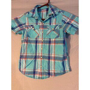 Western Cowboy Style Snap Front Boys Shirt Blue Plaid Short Sleeve Medium 8 M